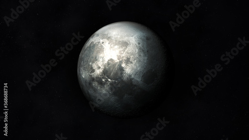 Dark gray image of a half-lit moon in space.