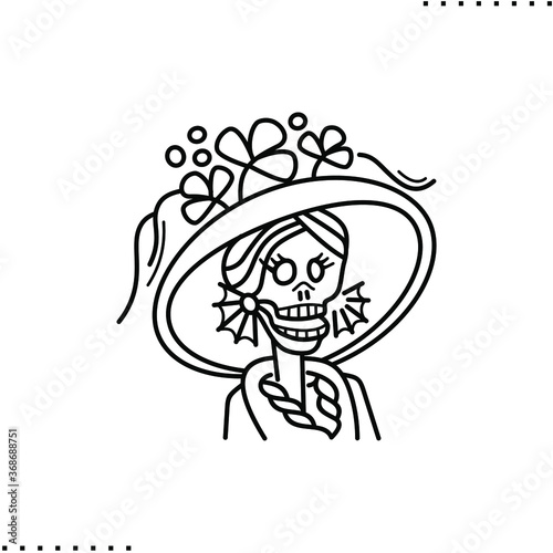Day of Dead  Dia de los Muertos fiesta  skeleton in Mexican costume  marigold flowers and calavera skull  vector icon in outlines