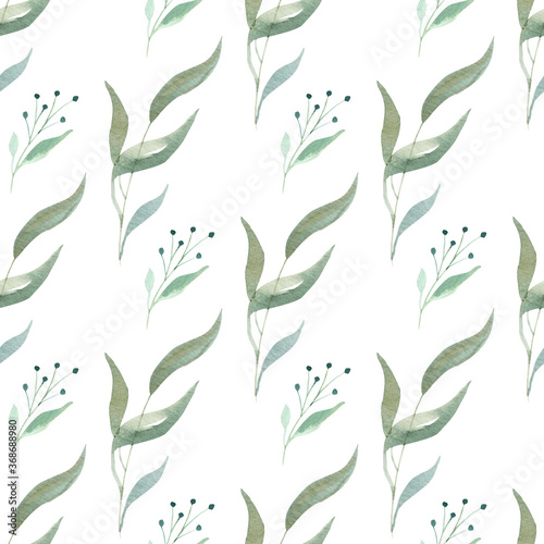 Watercolor greenery seamless pattern. Botanical branches and leaves digital paper.