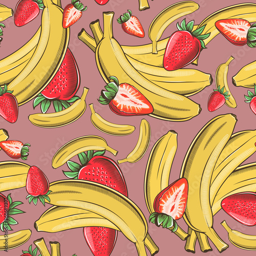 Colored seamless pattern with bananas and strawberries in vintage style