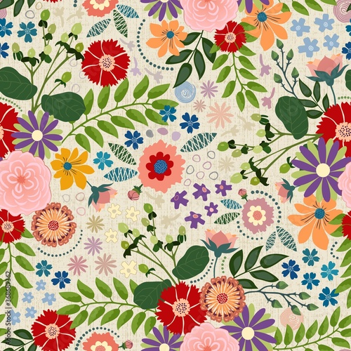 Floral abundance in bright and pastel shades. Bouquet of flowers, buds, plants and leaves with abstract geometric shapes in between