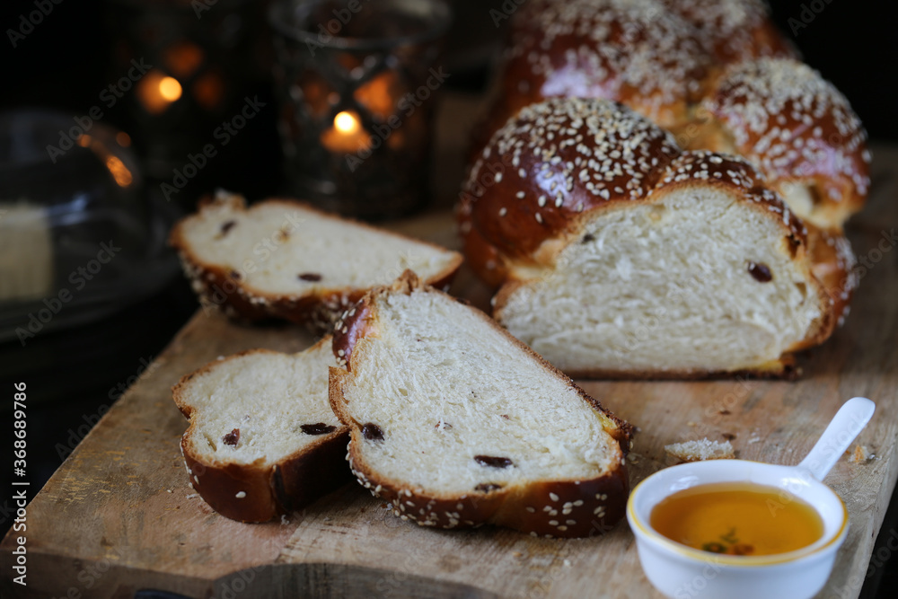  Sweet rich braided bread with raisins. Challah Bread