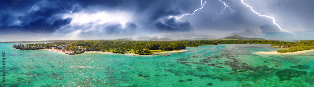 Aerial panoramic view of Mauritius Gabriel Island during a storm