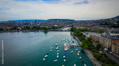 Beautiful Zurich lake in Switzerland from above - drone footage