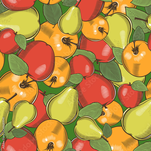 Colored seamless pattern with apples and pears in vintage style