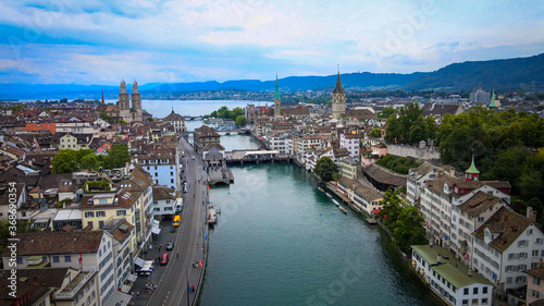 Flight over the city of Zurich in Switzerland - aerial view