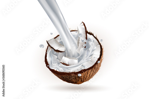 Sliced coconut and a stream of pouring milk.
