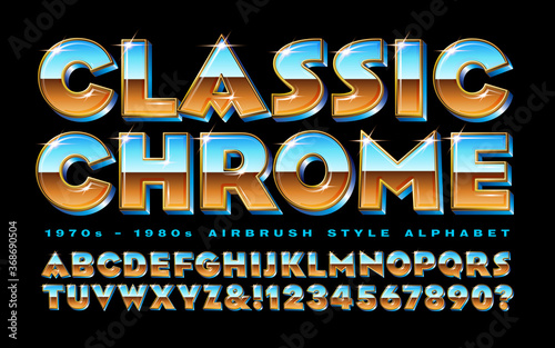 Vector Alphabet of Vintage Style Chrome Lettering in a 1970s or 1980s Airbrush Style Font.