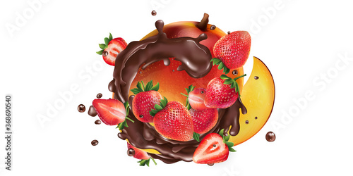 Fresh mango with strawberries and splashes of liquid chocolate.