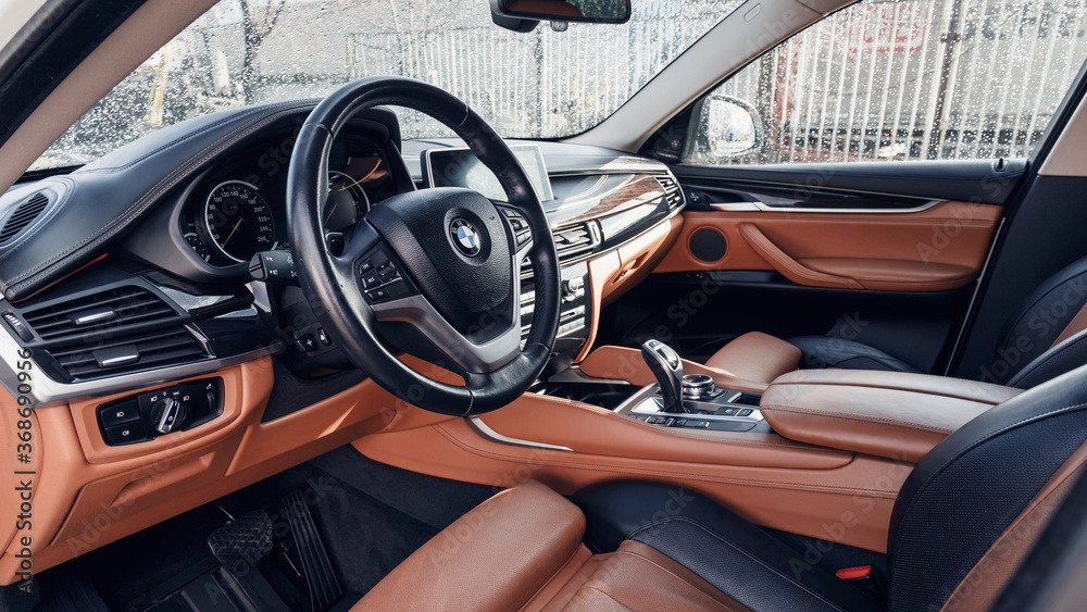 Tolyatti / Russia - 03.21.2020: BMW X6. Black and brown leather car ...
