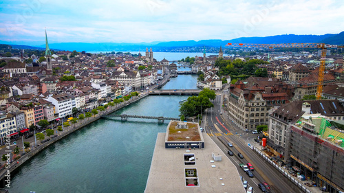 Amazing aerial view over the city of Zurich in Switzerland - drone footage