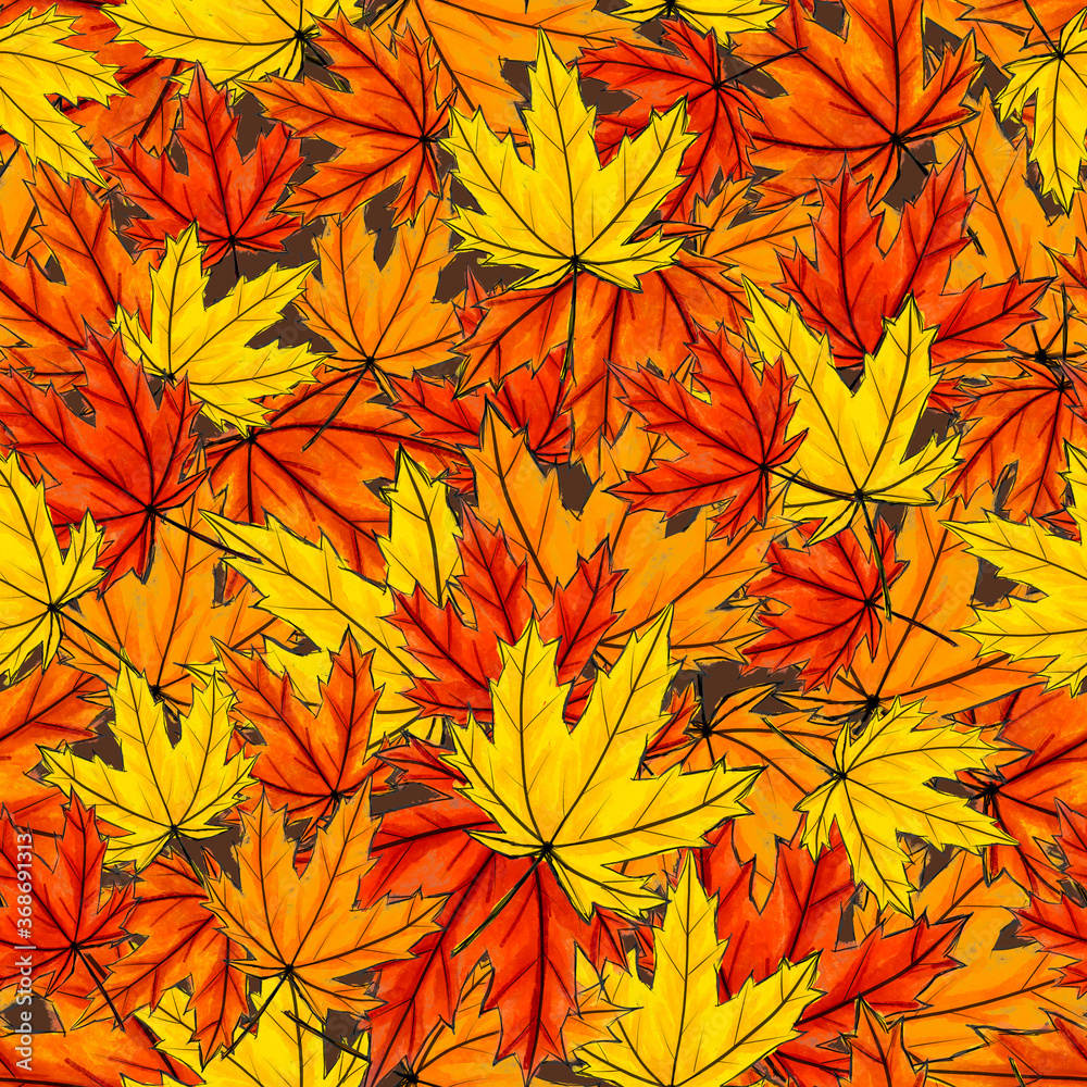 Seamless pattern of autumn maple leaves yellow, red and orange. Foliage of deciduous tree lying on ground. Fall season leafage randomly placed. For tablecloth, wallpaper, scrapbooking 