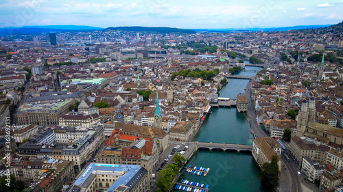 Flight over the city of Zurich in Switzerland - aerial view