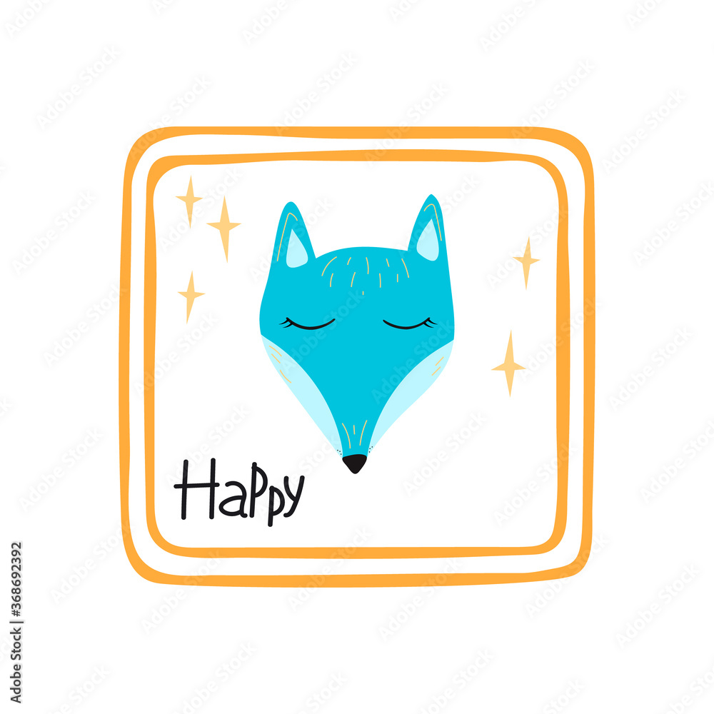Cartoon animal portrait with sleepy fox face. Vector illustration with wild predatory animal. Beautiful design for printing greeting card, poster, t-shirt, baby clothes, fabric Cartoon animal portrait with sleepy fox face. Vector illustration with wild predatory animal. Beautiful design for printing greeting card, poster, t-shirt, baby clothes, fabric