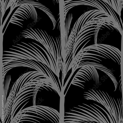 seamless print of gray vertical palms on a black background for surface design and textile production