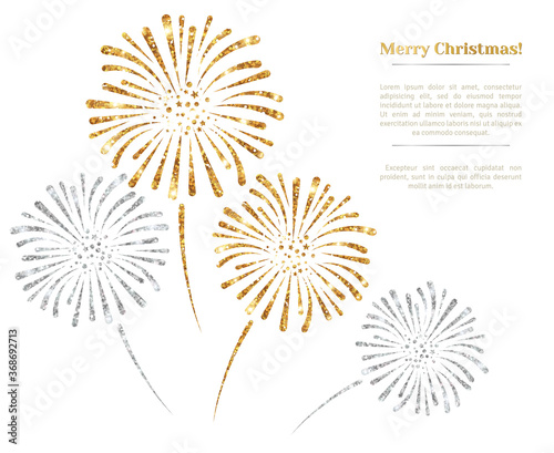 Vector gold and silver fireworks on white background. Vector illustration. Gold Glitter Texture, Sequins Pattern. Lights and Sparkles. Glowing New Year or Christmas Backdrop. Place for text.
