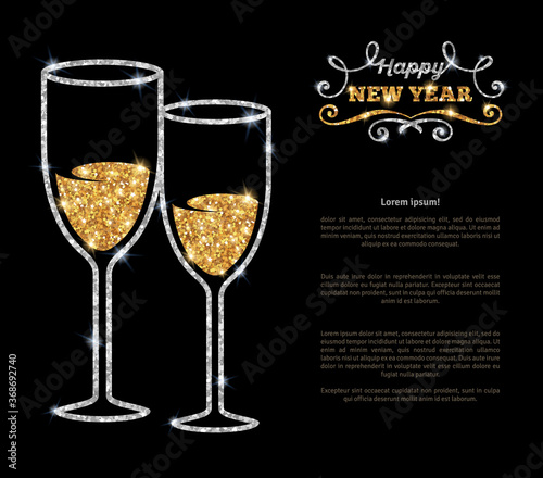 Champagne glasses glowing holiday background. Vector illustration. Concept with shining silver glasses and sparkling gold champagne inside. Place for your text message. Happy New Year lettering.