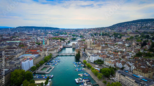 Great establishing shot of the city of Zurich in Switzerland - aerial view