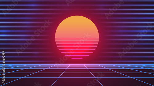 Synthwave Sun. 80s grid background. Retro future advertisement banner template. Retrowave neon backdrop. Dark night sky. Bright pink Sun. Blue neon horizontal lines. Stock vector illustration