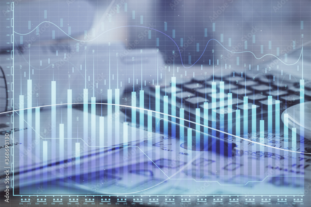 Double exposure of financial chart drawings and desk with open notebook background. Concept of forex market Double exposure of financial chart drawings and desk with open notebook background. Concept of forex market