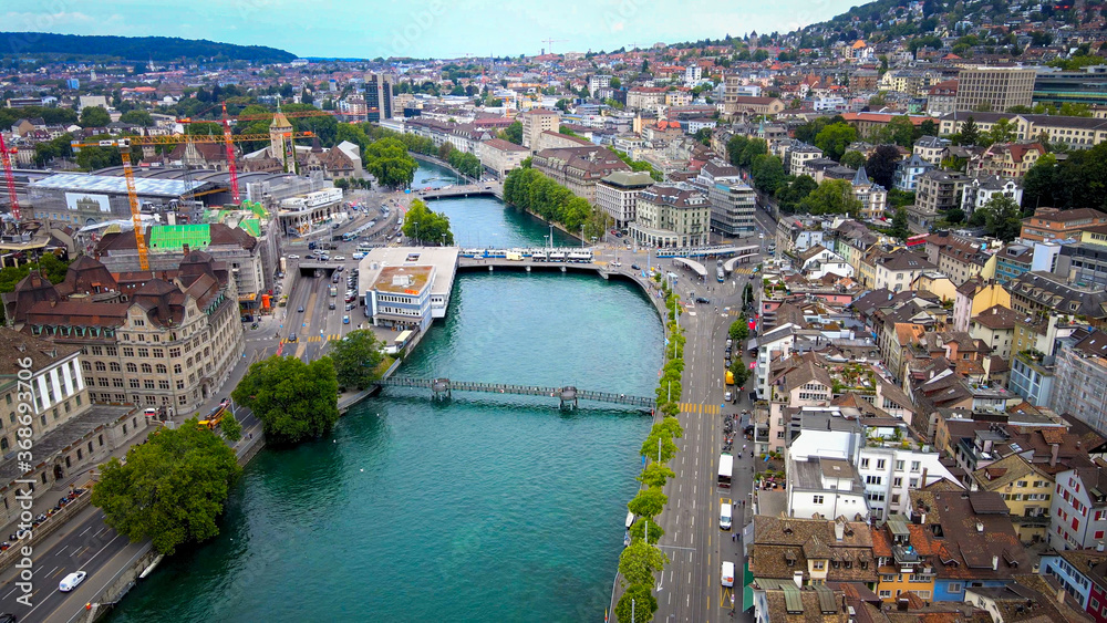 Beautiful City of Zurich in Switzerland from above - drone footage