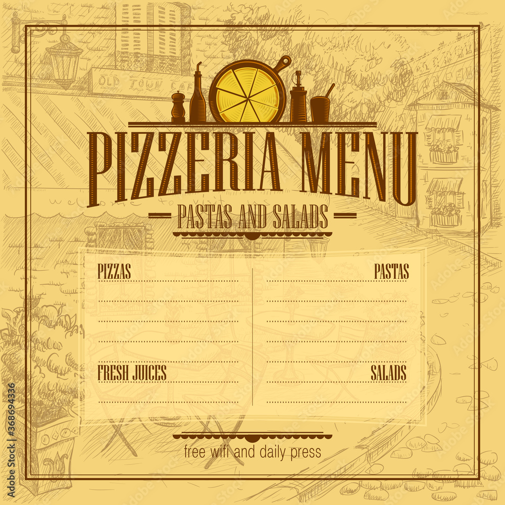 Pizzeria menu list vector mockup, copy space for text