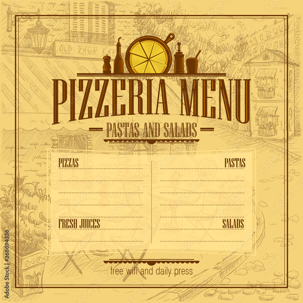 Obraz premium Pizzeria menu list vector mockup, copy space for text