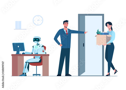 Artificial intelligence has replaced humans. The robot is in the workplace, and person is fired. Woman lost her job due to robotics. Business people, unemployment. Flat vector illustration isolated