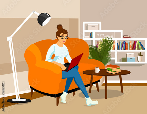 Work from home. COVID-19 virus. People work at home to prevent virus infection. Woman working on the couch. Sofa. Girl works on a laptop . Freelance, remote work, job