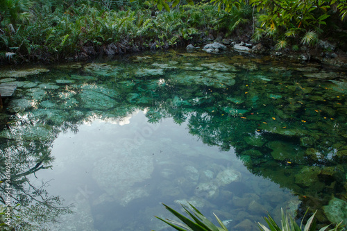 Magical environment. Emerald color water cenote with a rocky bed, in the jungle. © Gonzalo