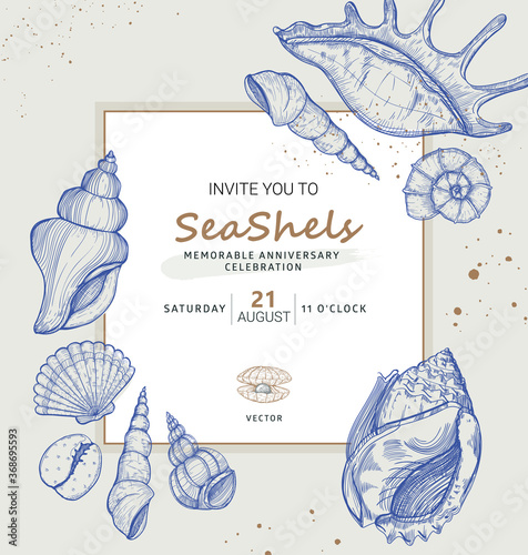 Vector invitation design in the marine theme, perfect for wedding, anniversary, celebration. 