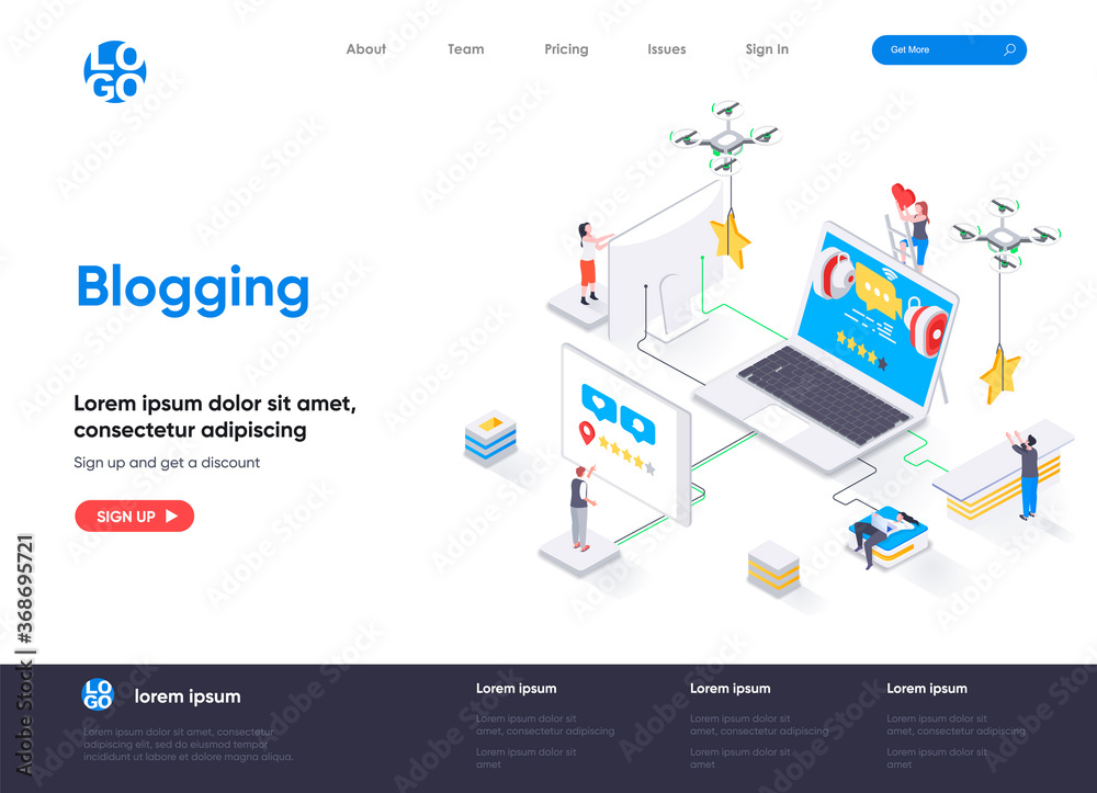 Blogging isometric landing page. Social content production, network communication, internet posting and messaging isometry web page. Website flat template, vector illustration with people characters. Blogging isometric landing page. Social content production, network communication, internet posting and messaging isometry web page. Website flat template, vector illustration with people characters.