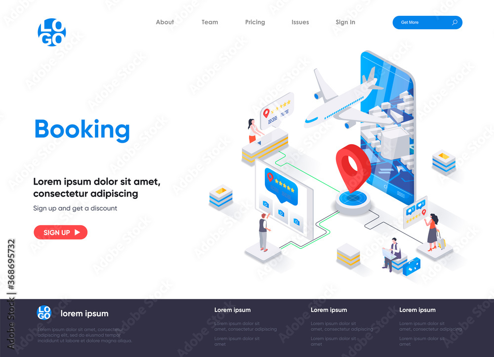 Booking isometric landing page. Travel application for ticket orders, hotel search, review and reservation isometry web page. Flight booking flat website. Vector illustration with people characters.