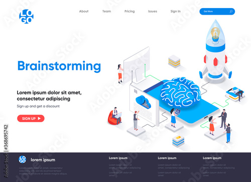 Brainstorming isometric landing page. Innovation solution, business idea generation and launch new startup project isometry web page. Website flat template, vector illustration with people characters.