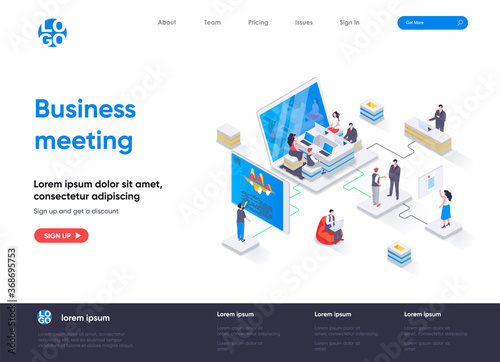 Business meeting isometric landing page. Partnership and teamwork collaboration, online meeting and conversation isometry web page. Website flat template, vector illustration with people characters.