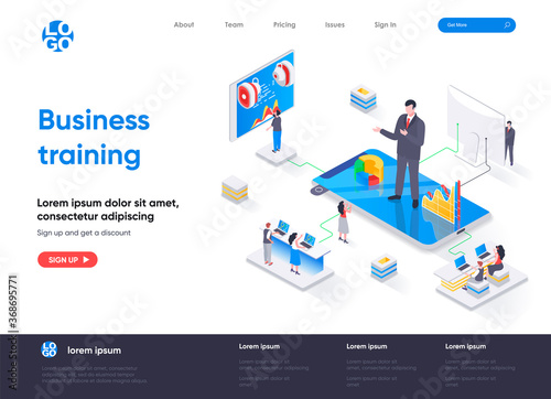 Business training isometric landing page. Business education, career development course, motivation and mentoring isometry web page. Website flat template, vector illustration with people characters.