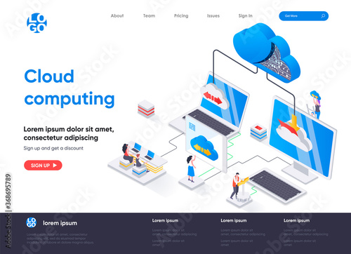 Cloud computing isometric landing page. Hosting platform, big data processing, cloud database administration isometry web page. Website flat template, vector illustration with people characters.