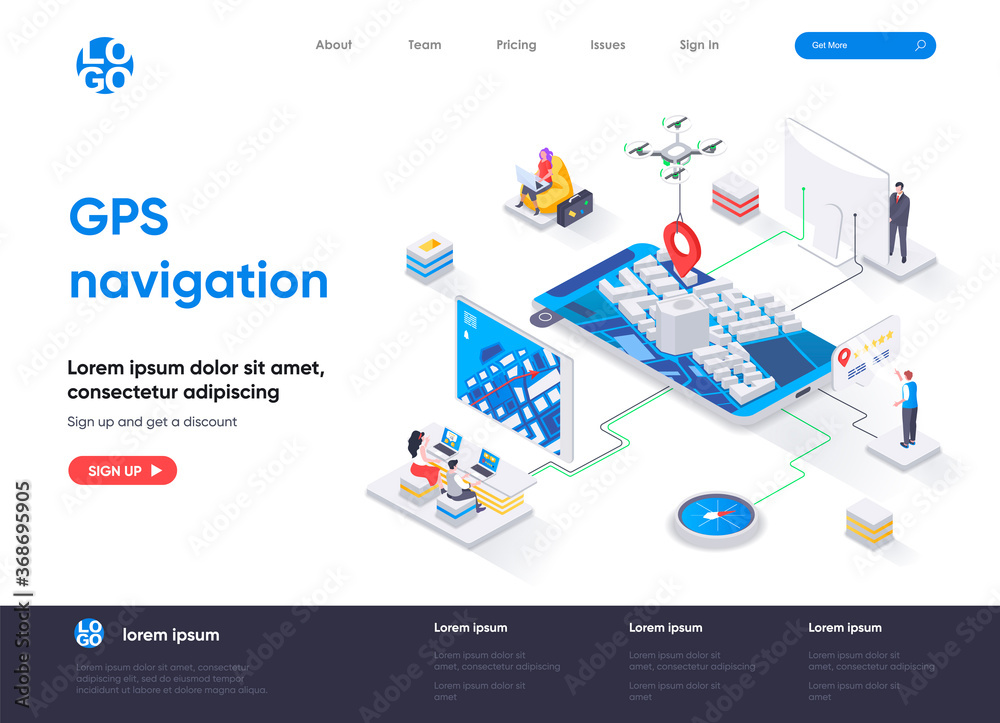 GPS navigation isometric landing page. Geolocation and navigation system, world orientation, route and direction isometry web page. Website flat template, vector illustration with people characters.