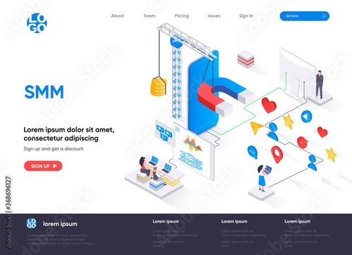 SMM isometric landing page. Digital marketing campaign, announcement and promotion isometry web page. Attraction of new clients website flat template. Vector illustration with people characters.