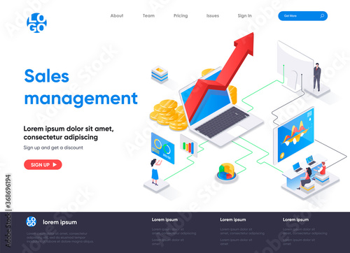 Sales management isometric landing page. Developing sales force, coordinating sales operations and data analysis isometry web page. Website flat template, vector illustration with people characters.