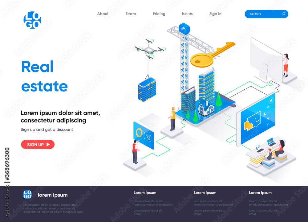 Real estate isometric landing page. Real estate engineering and construction company, buy, rent and mortgage services isometry web page. Website template, vector illustration with people characters.