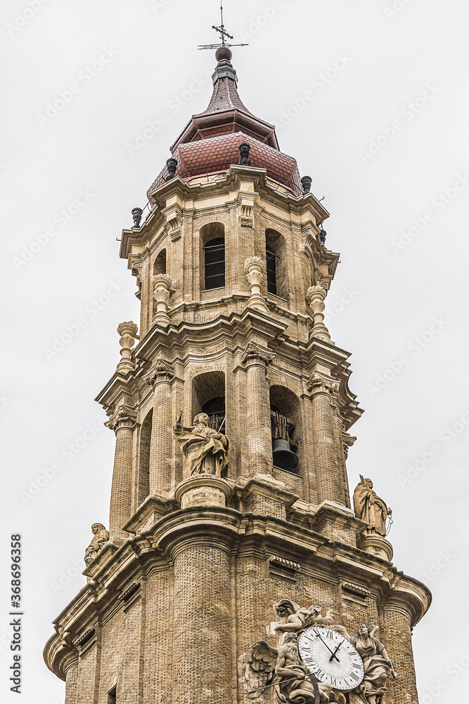 Bell tower of Savior Cathedral (Catedral del Salvador or Cathedral La Seo, 1683) - Roman Catholic cathedral in Zaragoza, Spain. Cathedral is part of World Heritage Site Mudуjar Architecture of Aragon.