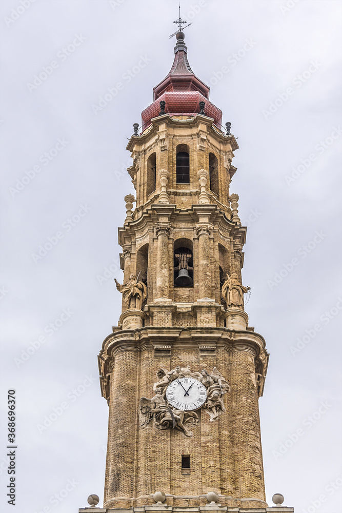 Bell tower of Savior Cathedral (Catedral del Salvador or Cathedral La Seo, 1683) - Roman Catholic cathedral in Zaragoza, Spain. Cathedral is part of World Heritage Site Mudуjar Architecture of Aragon.