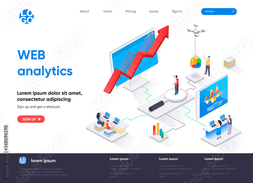 WEB analytics isometric landing page. Online business analytics, data analysis service, stock trading information isometry web page. Website flat template, vector illustration with people characters.