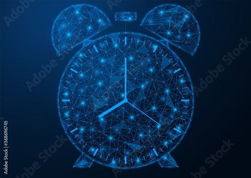 Alarm clock. Polygonal construction in the form of connections of lines and points. Blue background.