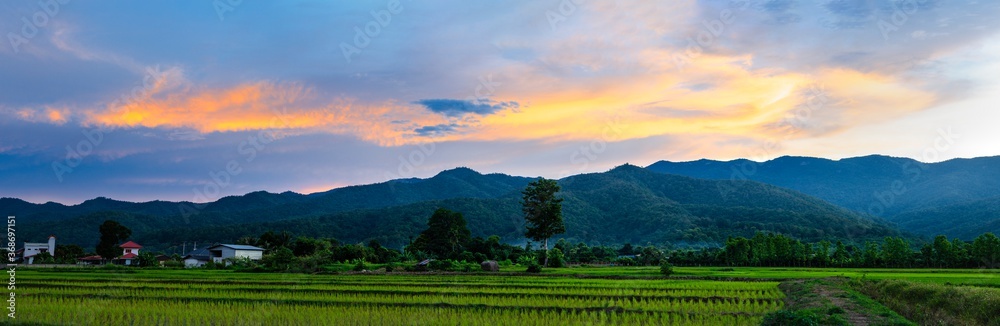 The beautiful panorama landscape,  The Twilight time sunset with colorful clouds at the top of the hill,  Phayao Northern  Thailand