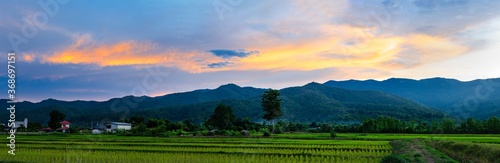 The beautiful panorama landscape, The Twilight time sunset with colorful clouds at the top of the hill, Phayao Northern Thailand