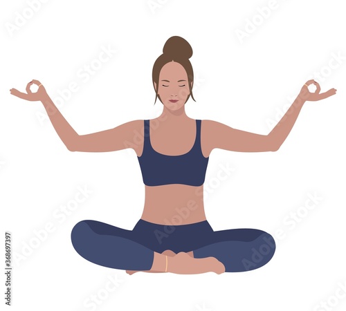 Yoga lady sitting in lotus position with hands raised.