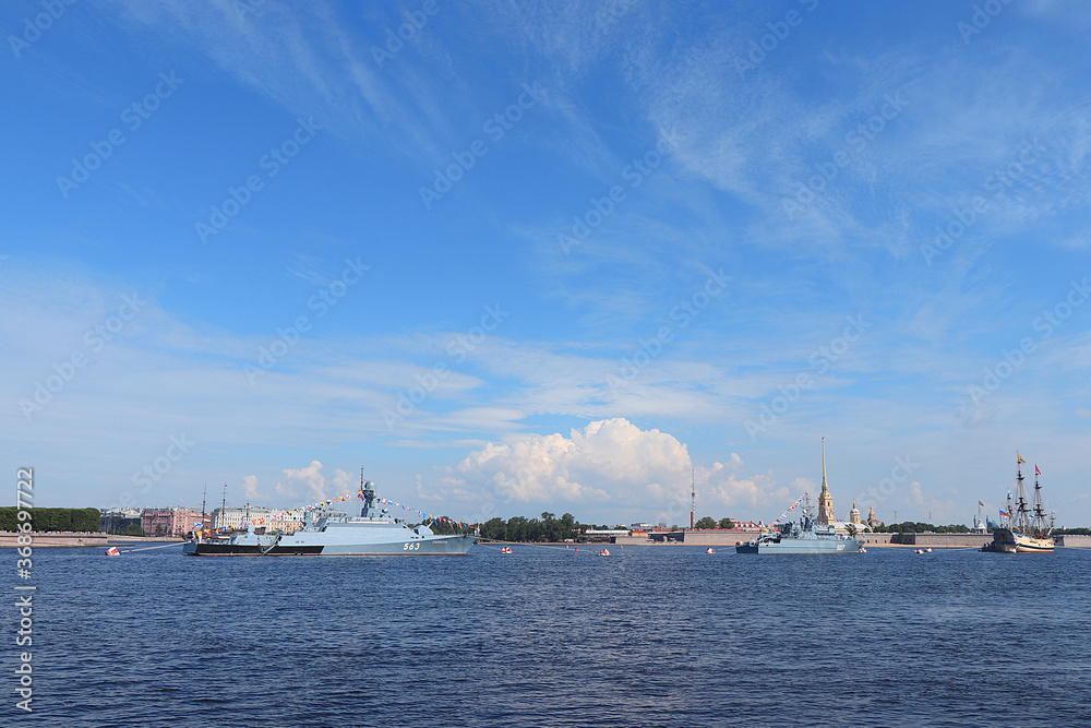 Russia, St. Petersburg, July 19, 2020. Warships in the water area of the Neva during the parade to the Day of the Navy