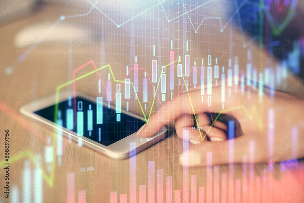 Double exposure of forex chart sketch hologram and woman holding and using a mobile device. Financial market concept. Double exposure of forex chart sketch hologram and woman holding and using a mobile device. Financial market concept.